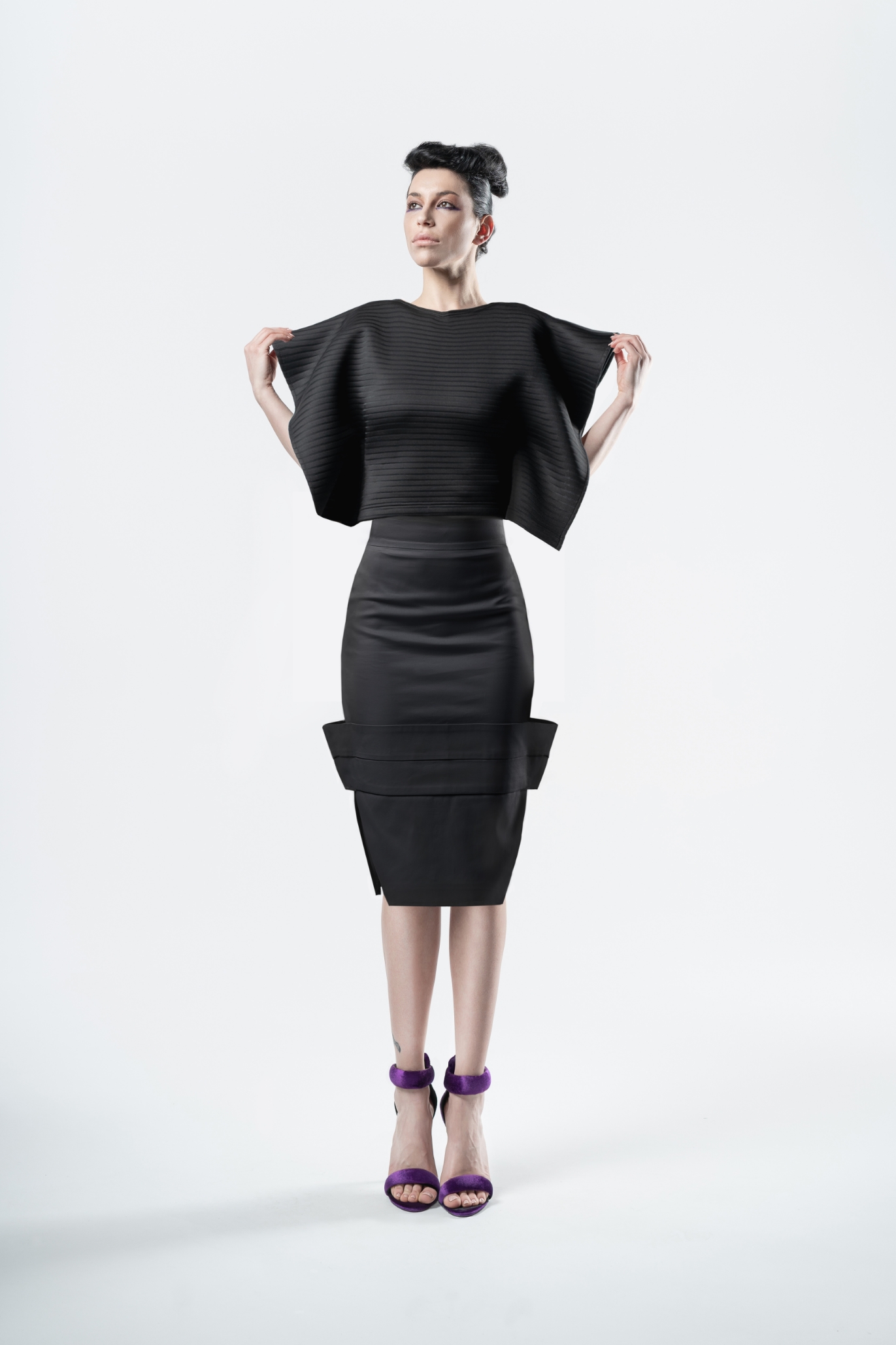 pencil skirt with pintuck band IN BLACK